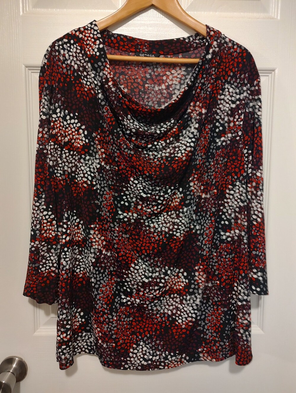 George Cowl Neck Long Sleeve Top — Red, White & Black Dot Print